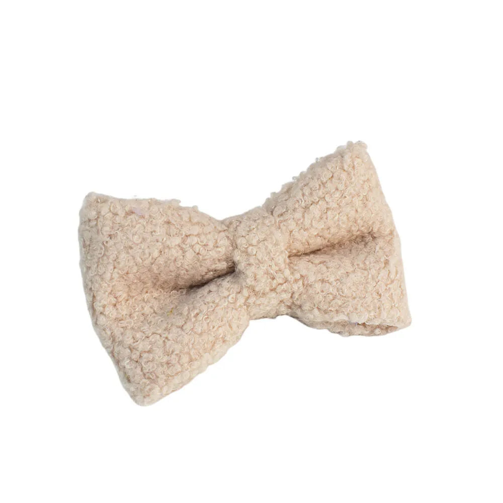 Beige Teddy Fleece Dog Collar, Bow & Leash Set