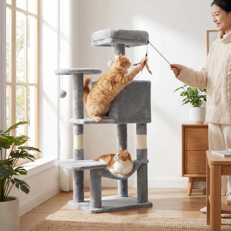 Light Gray Cat Tree Tower 44" – Multi-Level Cat Condo with Hammock & Sisal Scratching Posts