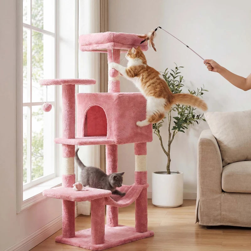 Pink Cat Tree Tower 44" – Multi-Level Cat Condo with Hammock & Sisal Scratching Posts