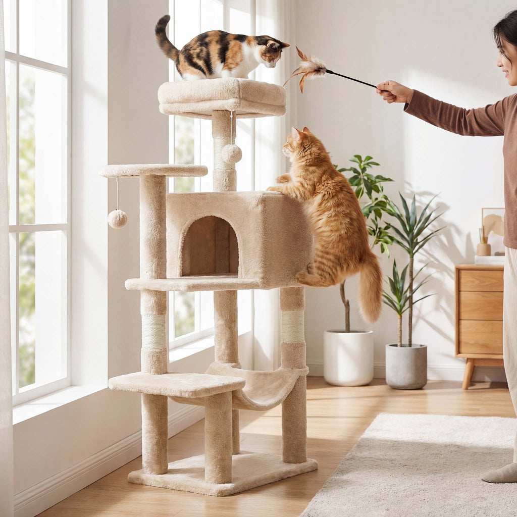 Beige Cat Tree Tower 44" – Multi-Level Cat Condo with Hammock & Sisal Scratching Posts
