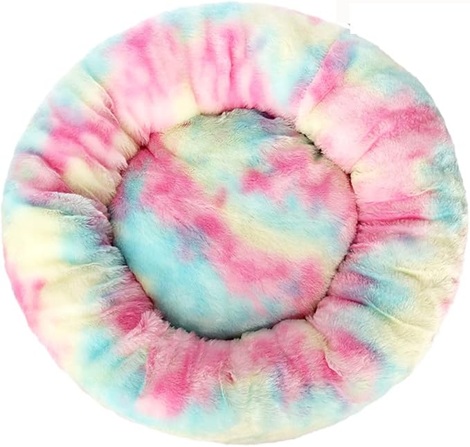 Round rainbow tie-dye plush faux fur donut calming pet bed top-down view on white background
