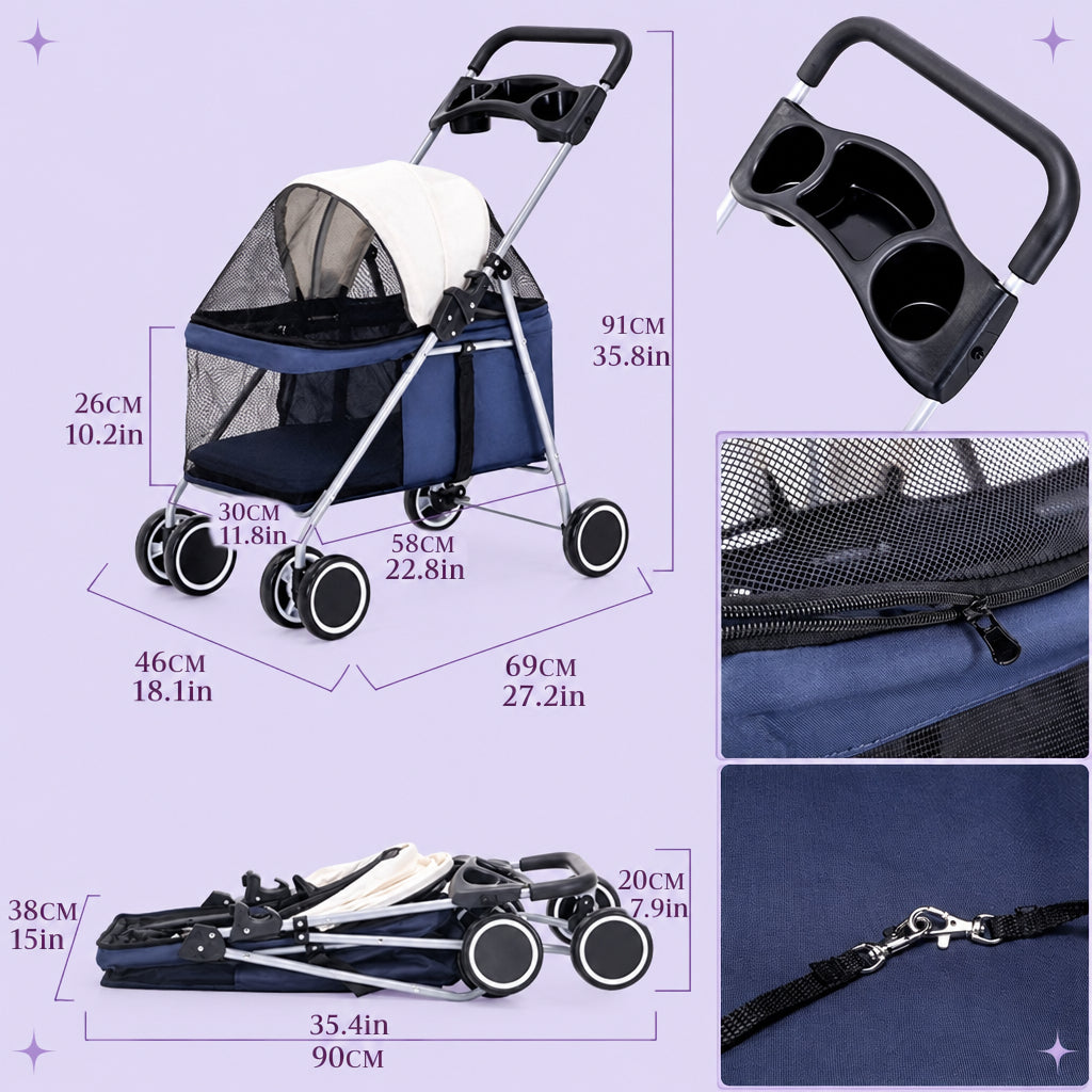 Black Foldable Pet Stroller for Small Dogs and Cats