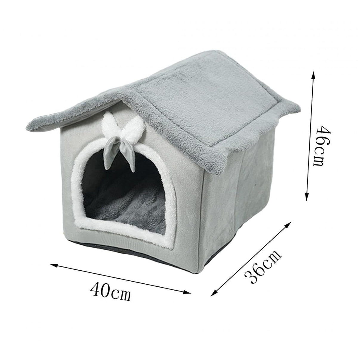 A gray plush pet house with a small white bow on the front, shown with dimension arrows and labels indicating 46cm height, 40cm width, and 36cm depth on a white background.
