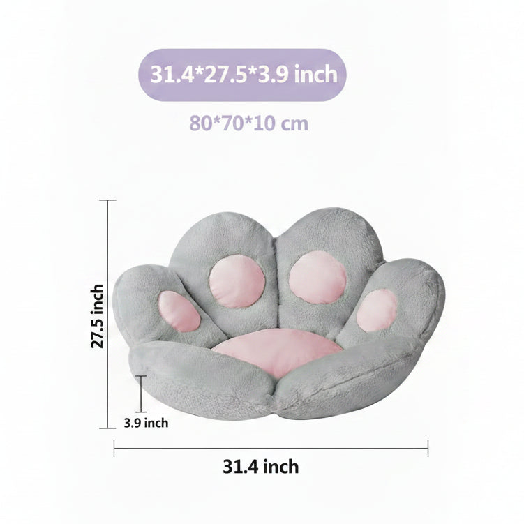 Size dimension infographic for a grey and pink plush paw-shaped pet bed cushion, showing measurements of 31.4 x 27.5 x 3.9 inches (80 x 70 x 10 cm) on a white background