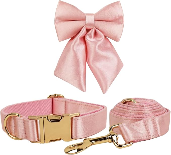 Light Pink Silk Dog Collar, Long Bow & Leash Set