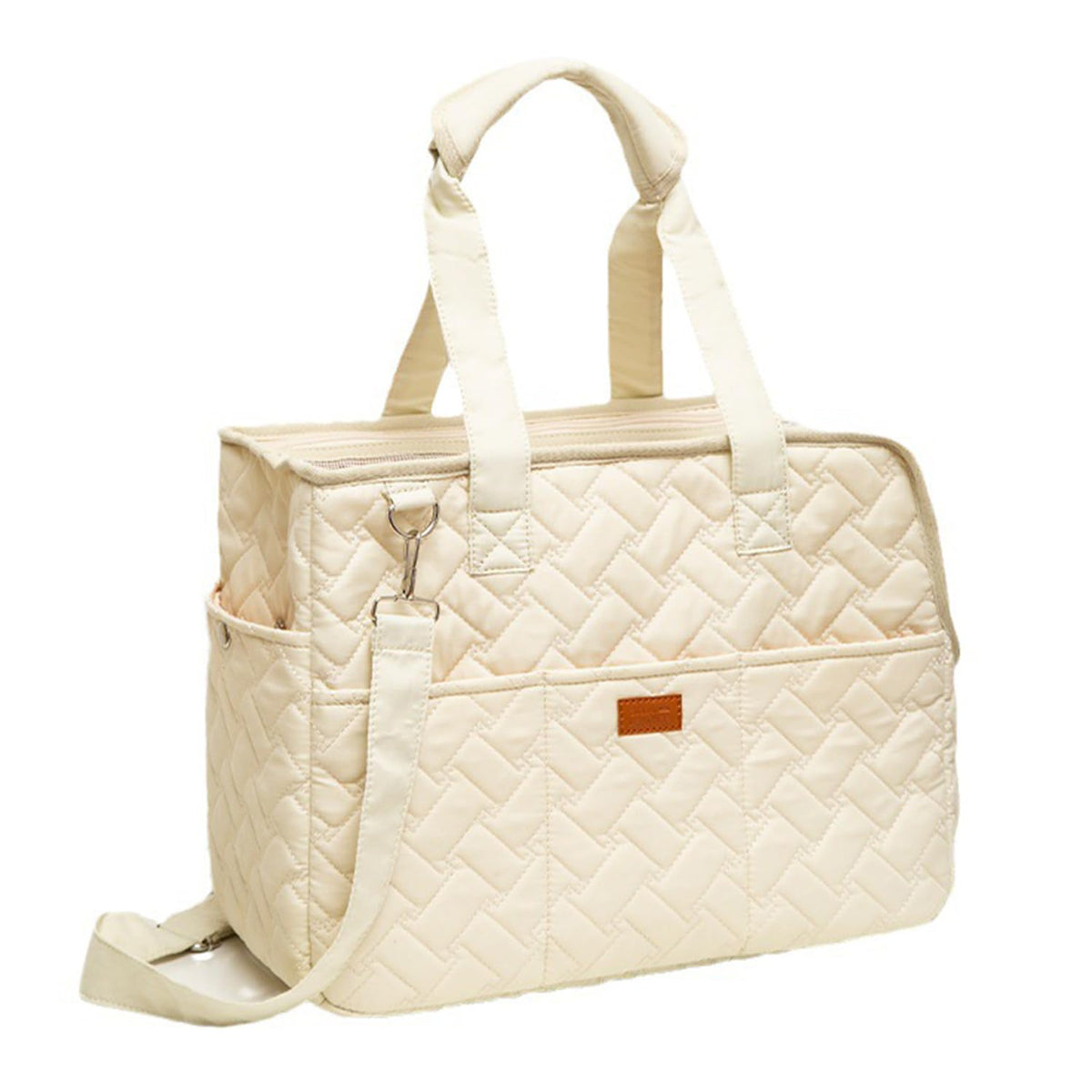Quilted beige pet carrier with a strap on a white background