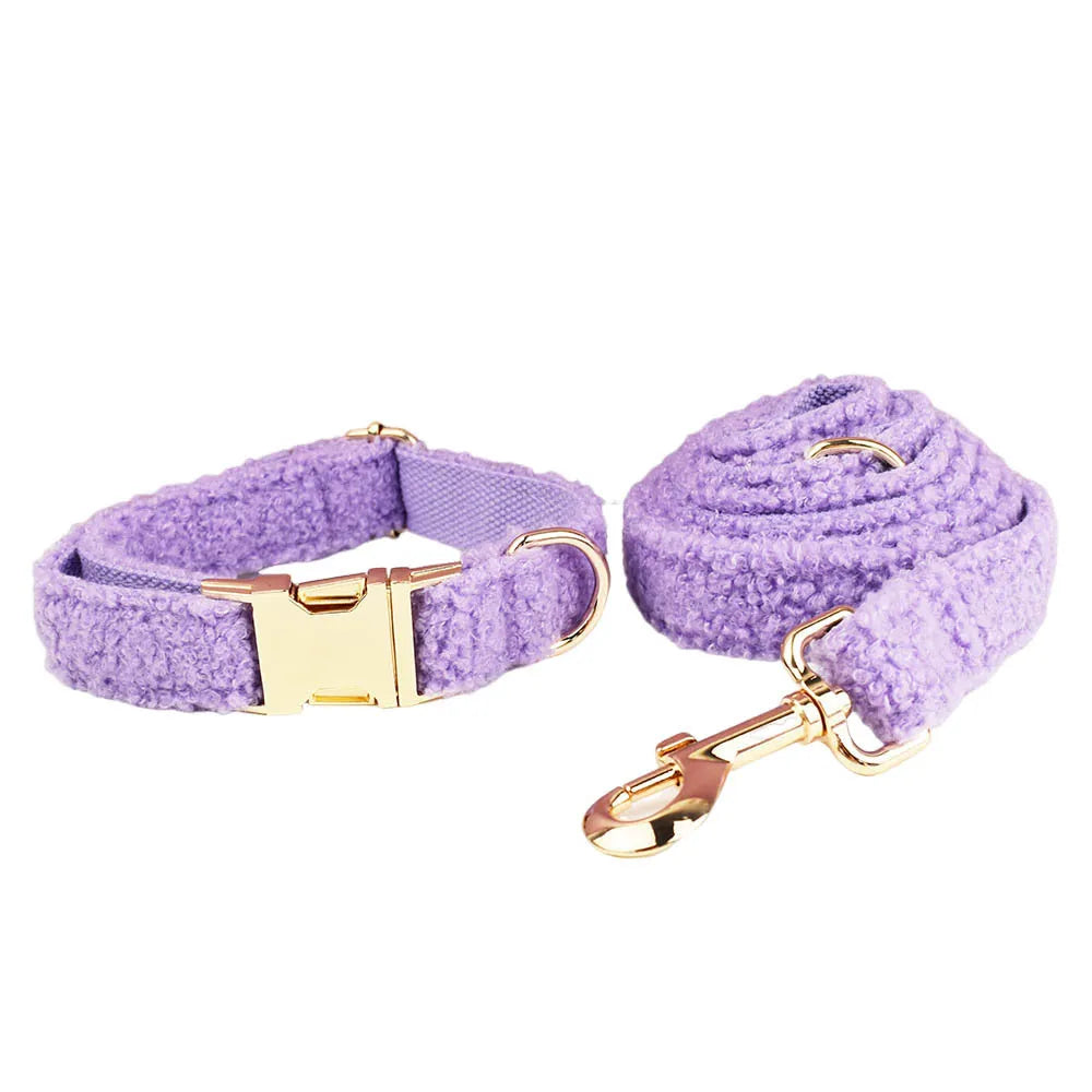 Light Purple Teddy Fleece Dog Collar, Bow Tie & Leash Set