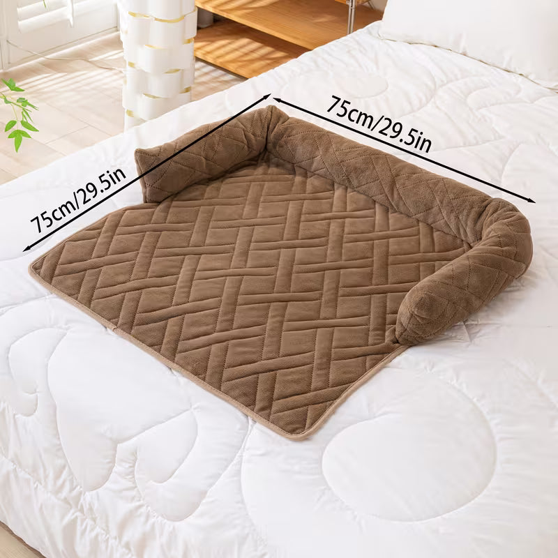 A brown quilted pet bed with raised corner cushions is shown on a white quilted bed, with black measurement lines and text indicating dimensions of 75cm by 75cm (29.5 inches).