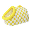 Yellow and white checkerboard plush pet cave bed with padded dome entrance and bear ear accents on white background