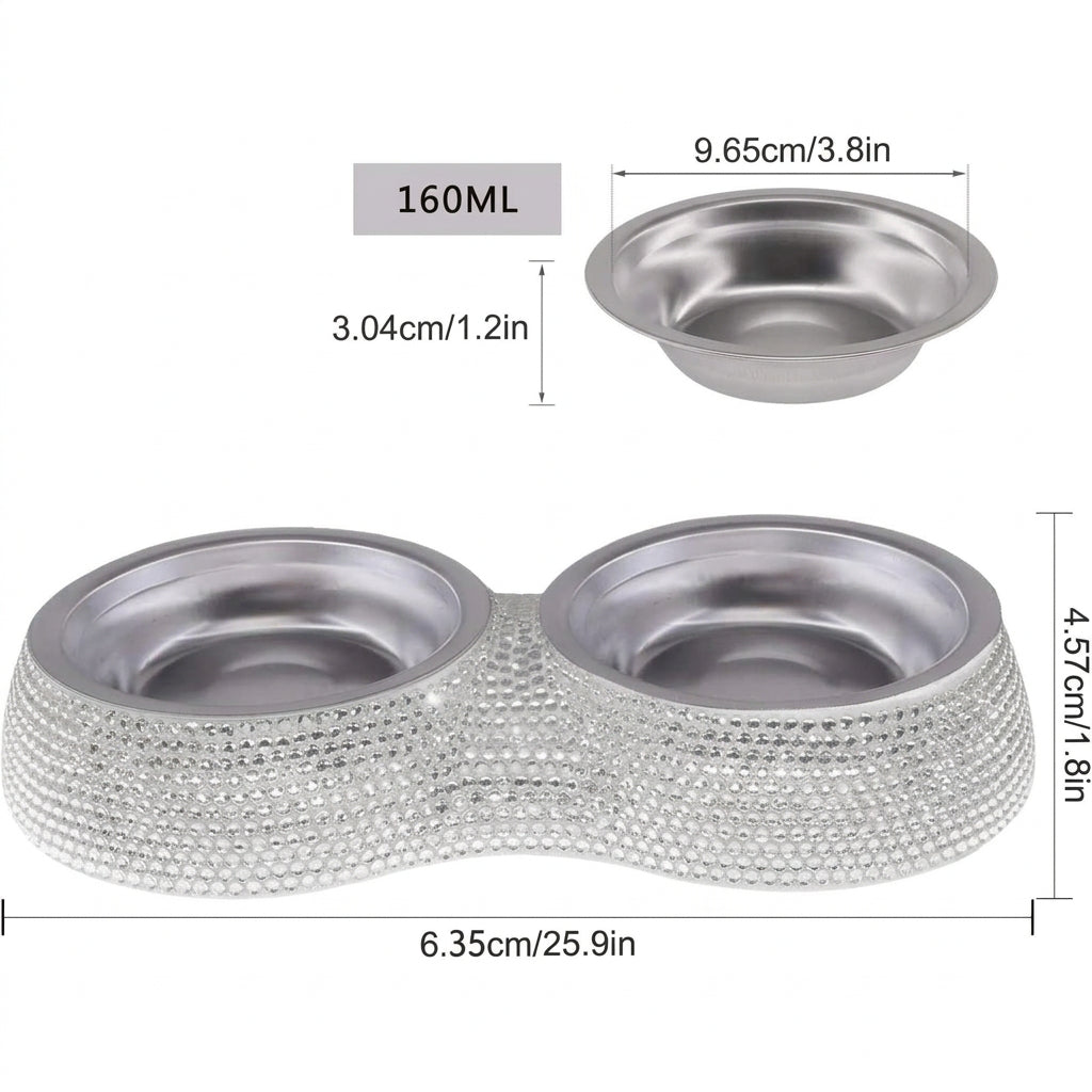 Stainless steel double-dish pet feeder with rhinestone embellishments, showing measurements on a white background.