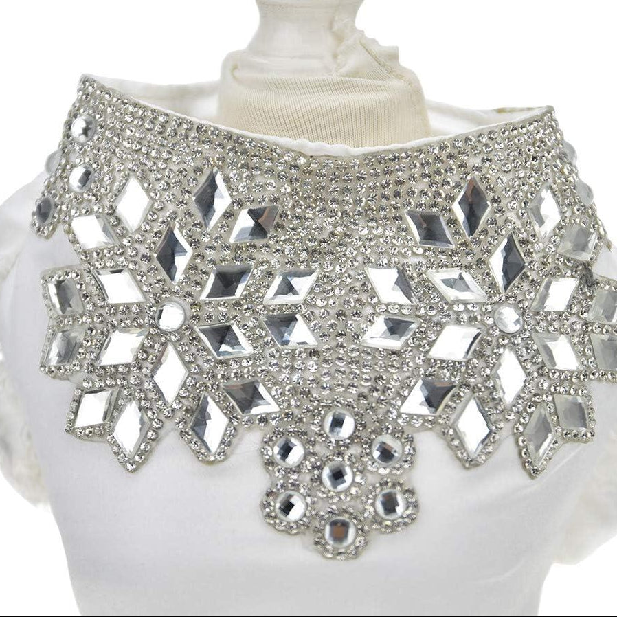 Wide silver rhinestone pet dress with diamond-shaped mirrored gems and scalloped floral detailing, displayed on a white mannequin