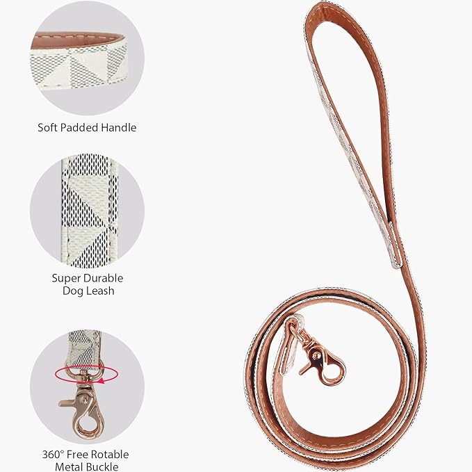 Beige & Gray Checkered Dog Leash with Gold-Tone Clasp