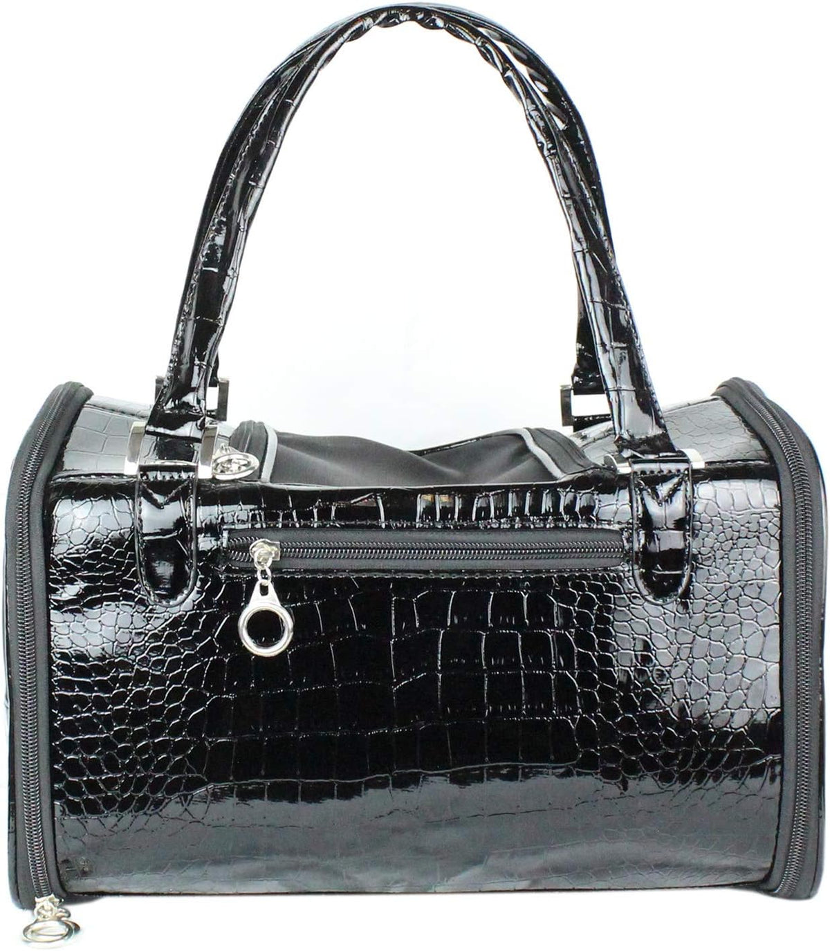 Black crocodile-patterned pet carrier with a silver zipper on a white background