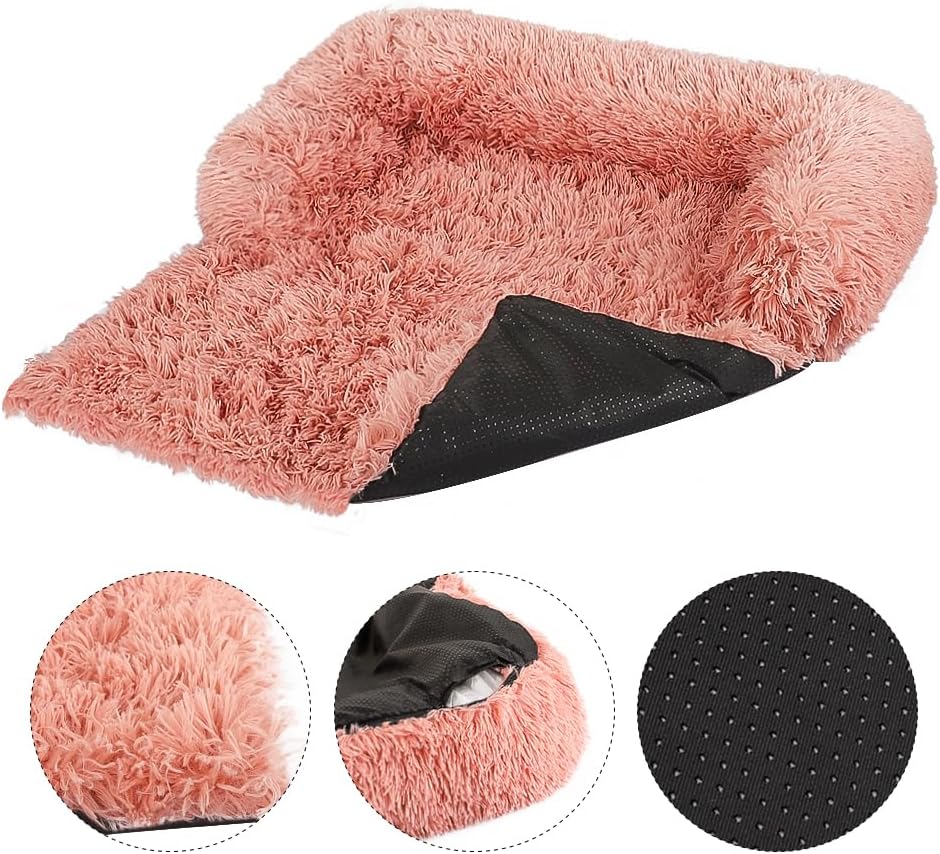 Blush pink long shaggy faux fur rectangular pet sofa bed shown flipped to reveal the black perforated anti-slip base, with three close-up detail insets showing the plush fur texture, the removable cover zipper, and the textured non-slip bottom
