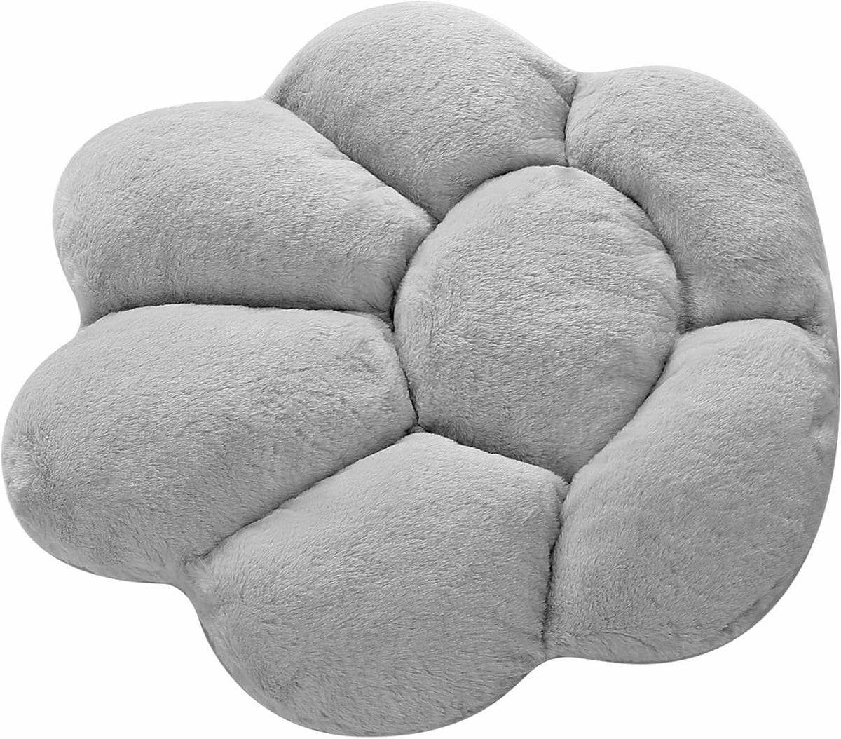 Light grey plush flower-shaped tufted pet bed cushion with five rounded petal sections, shown at a slight angle on a white background