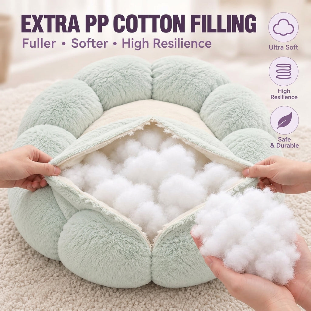 A round, plush pet bed in pale mint green with a zipper opening, shown with two hands pulling the fabric apart to reveal white PP cotton filling. Text at the top reads 'EXTRA PP COTTON FILLING' with feature callouts like 'Fuller • Softer • High Resilience'.