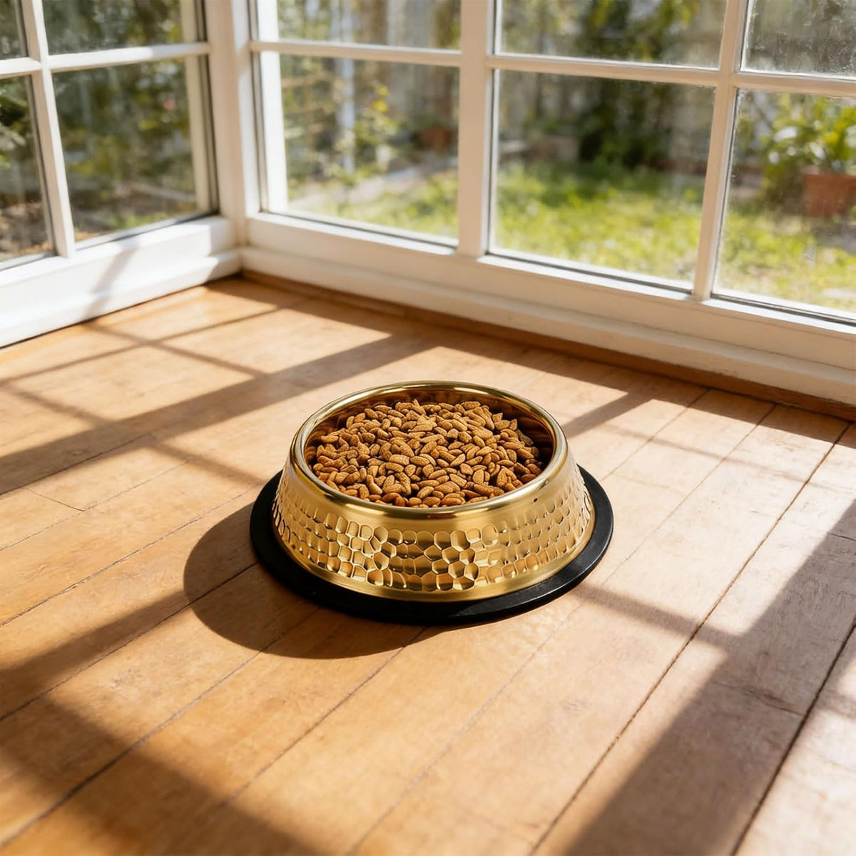 A gold pet food bowl filled with dry kibble, placed on a black mat on a wooden floor in front of large windows with natural sunlight and shadows.