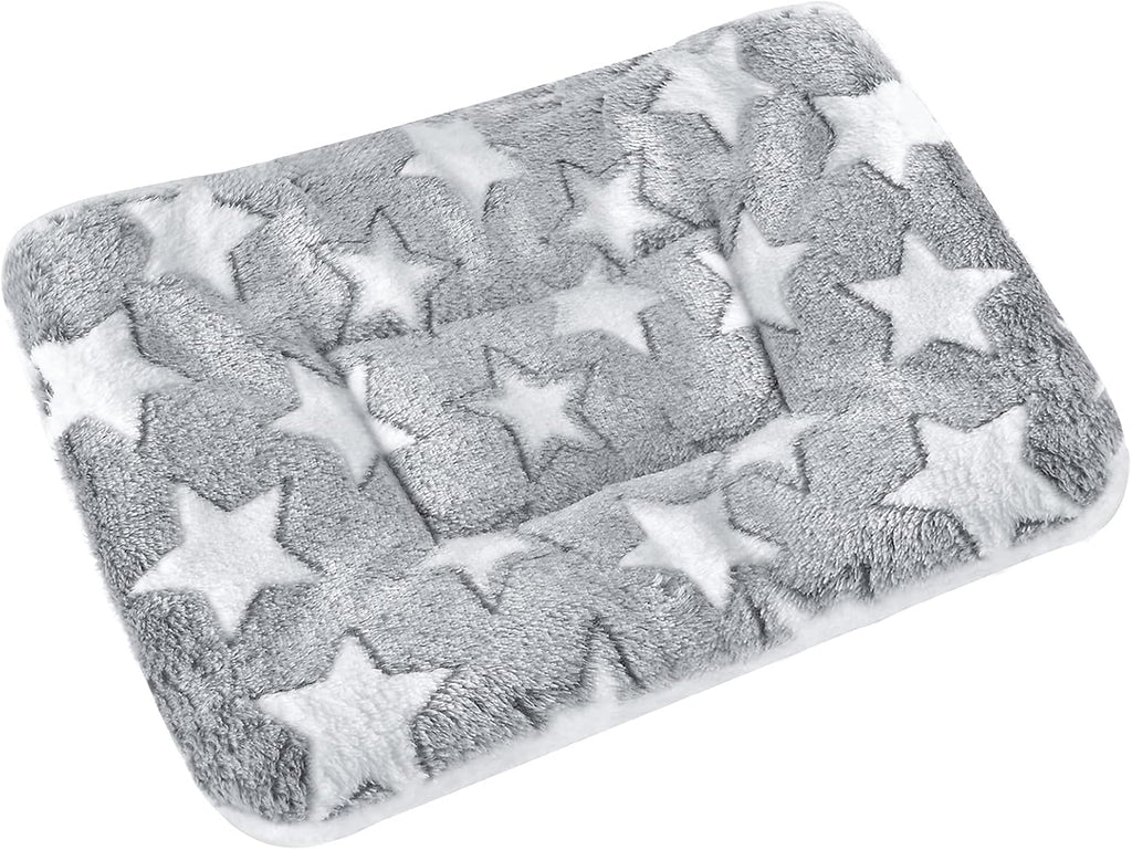 Grey plush star print pet mat top-down view on white background