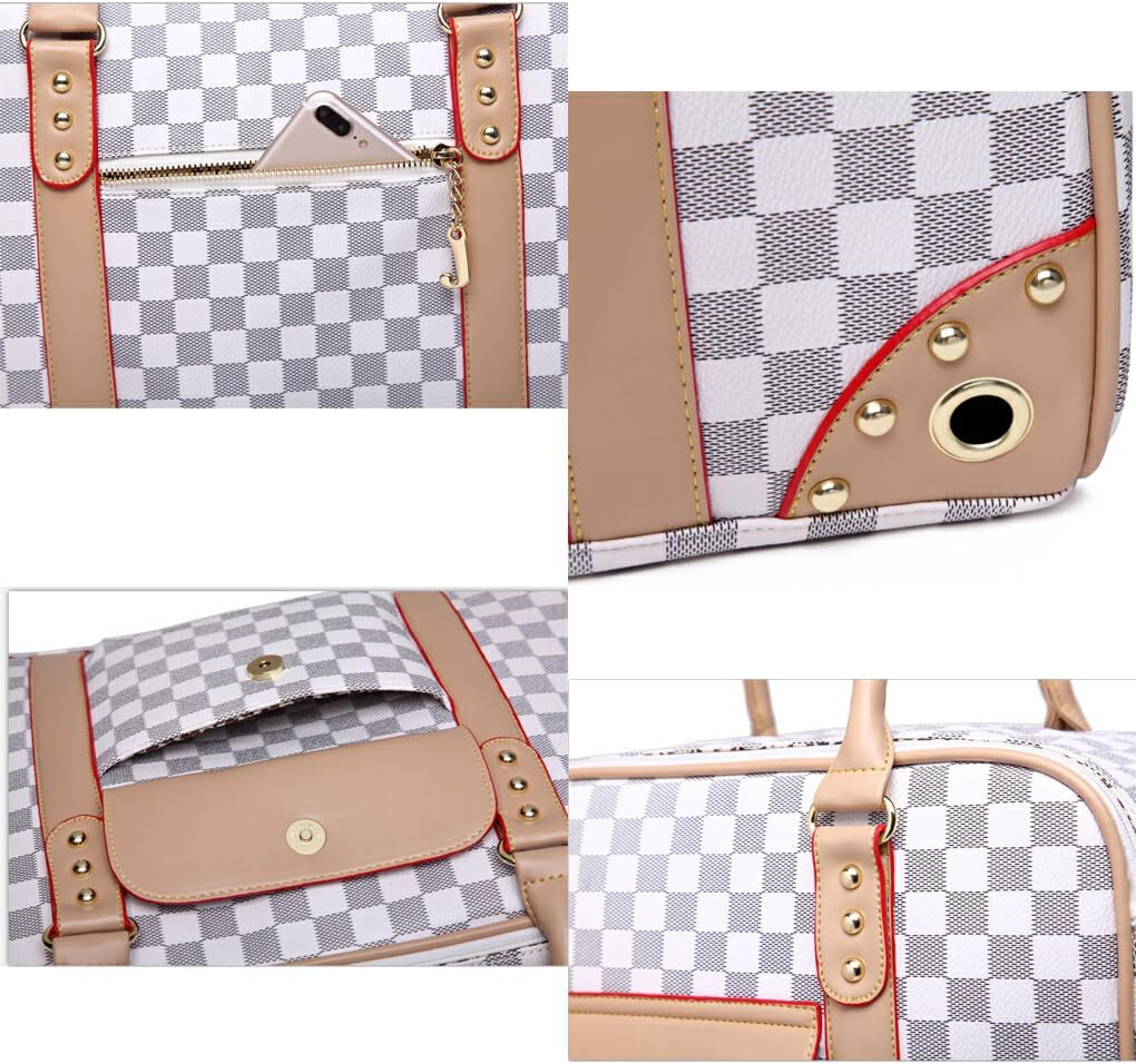 A collage showing multiple close-up views of a pet carrier with a gray-and-white checkerboard pattern, tan leather trim, red piping, and gold-tone hardware on a white background.