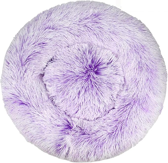 Round lavender tie-dye shaggy faux fur donut calming pet bed top-down view on white background