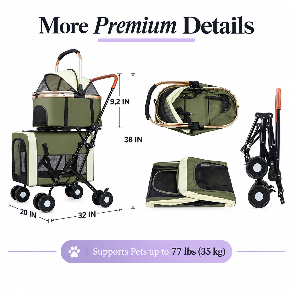 Green Double Pet Stroller with Two Detachable Carriers