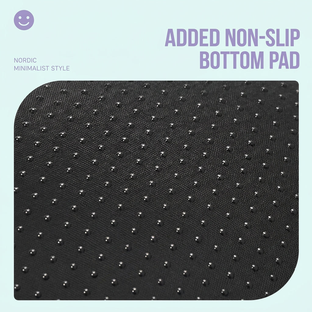 A close-up of a black textured bottom pad with small metallic studs, labeled 'ADDED NON-SLIP BOTTOM PAD' and 'NORDIC MINIMALIST STYLE' on a pale blue background.