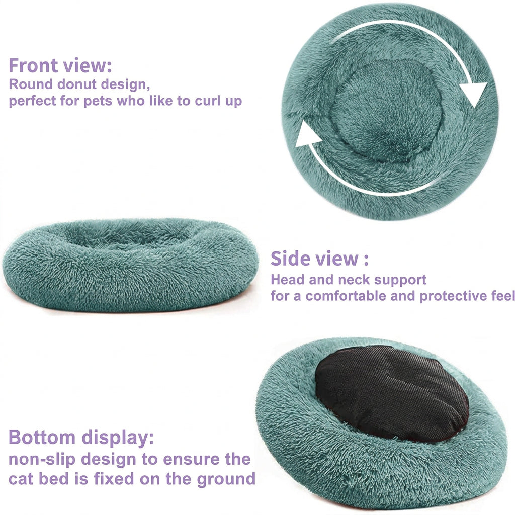 Teal donut-shaped pet bed with text describing its features
