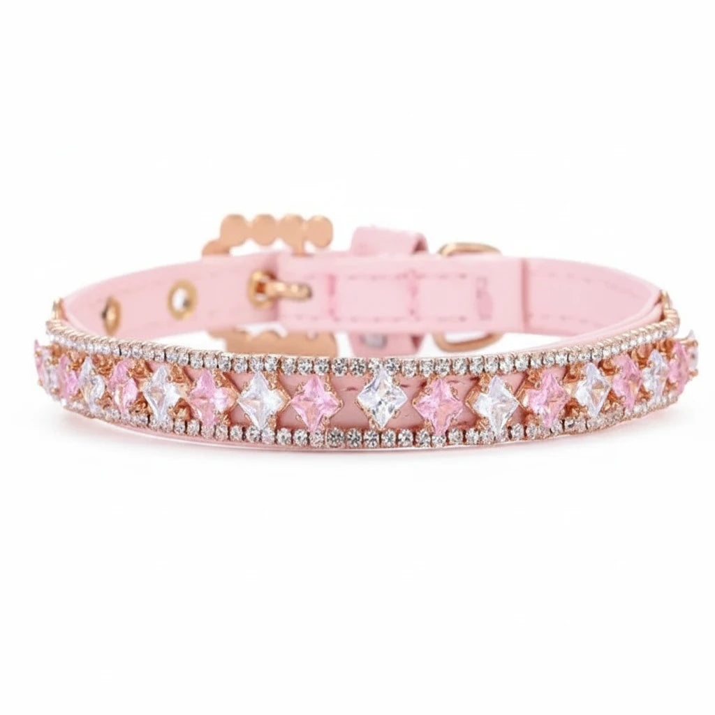 Pretty Posh Pets luxury rhinestone pet collar — front-facing view of a pink leather collar featuring alternating princess-cut pink and clear crystal gemstones set in rose gold, bordered by rows of sparkling round rhinestones, with a rose gold adjustable buckle on a white background.