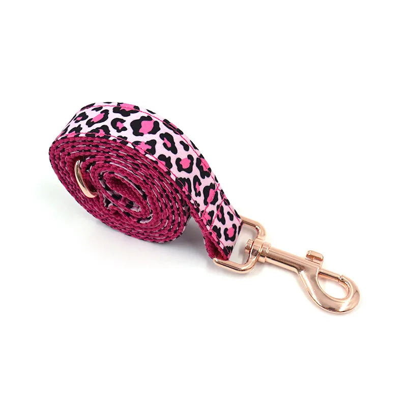 Pink Leopard Print Dog Collar, Bow & Leash Set