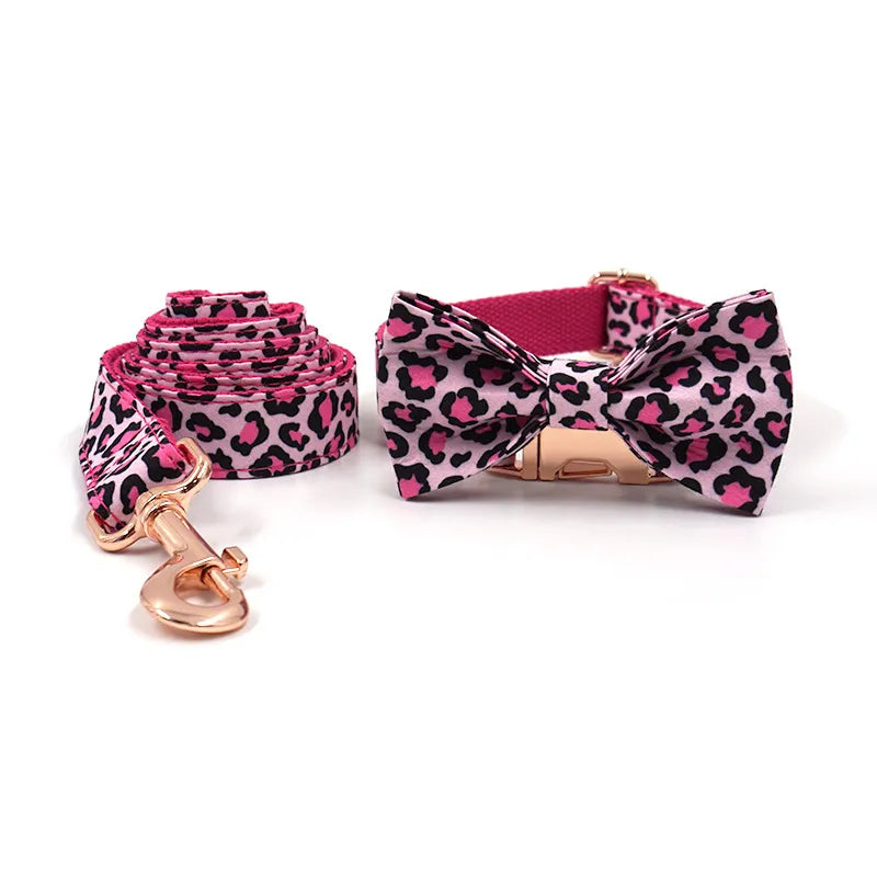 Pink Leopard Print Dog Collar, Bow & Leash Set