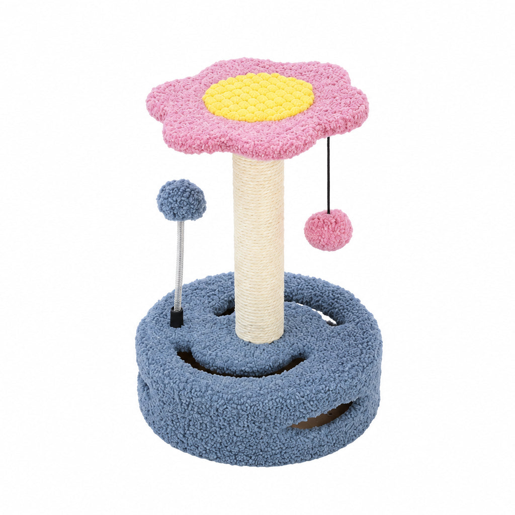 Daisy Flower Cat Scratching Post with Interactive Toys – Pink