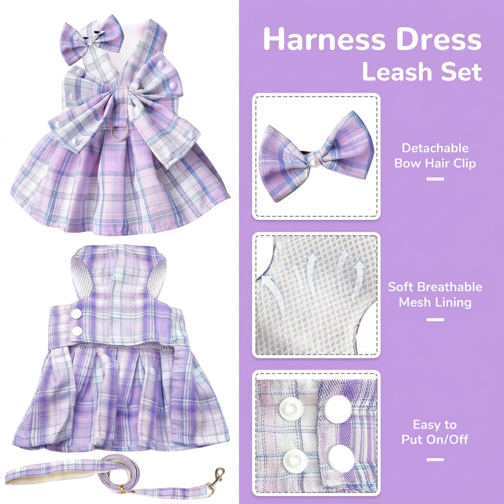 Lavender Plaid Harness Dress & Leash Set for Dogs & Cats