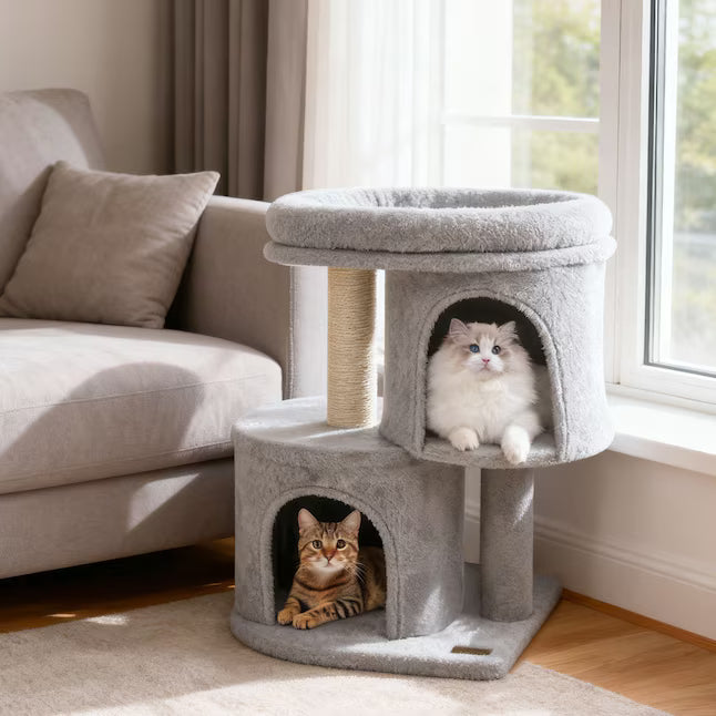 26-Inch Gray Cat Tree with Padded Perch & 2 Condos