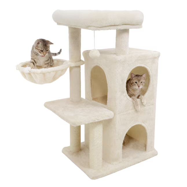 Beige 33.5-Inch Cat Tree with 2-Tier Condo & Padded Perch