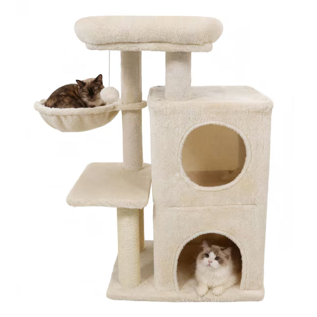 Beige 33.5-Inch Cat Tree with 2-Tier Condo & Padded Perch