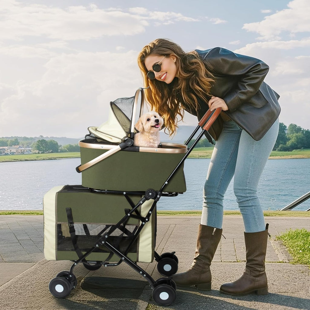 Green Double Pet Stroller with Two Detachable Carriers