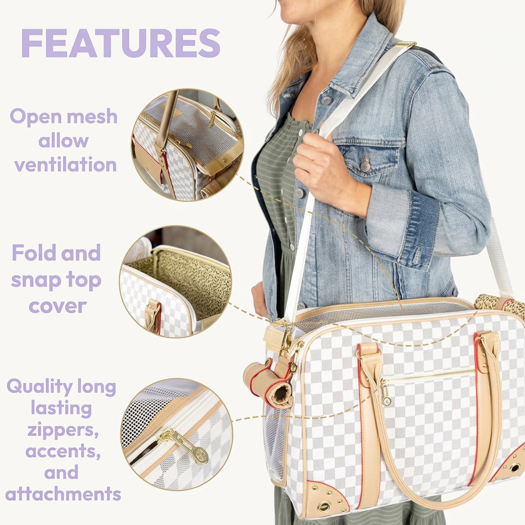A woman wearing a denim jacket carries a checked duffel bag with beige handles and trim. The image includes text callouts and three circular inset close-ups highlighting features like an open mesh ventilation area, fold-and-snaps top cover, and durable zippers.