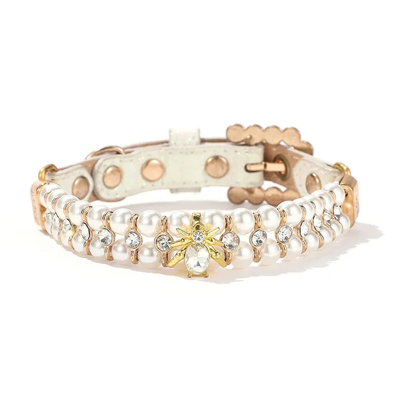 White Pearl & Rhinestone Beetle Pet Collar