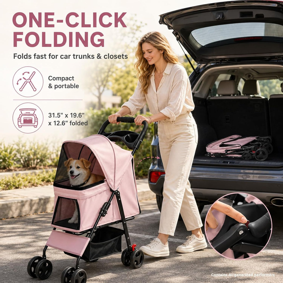 Pink Foldable Pet Stroller for Small Dogs and Cats