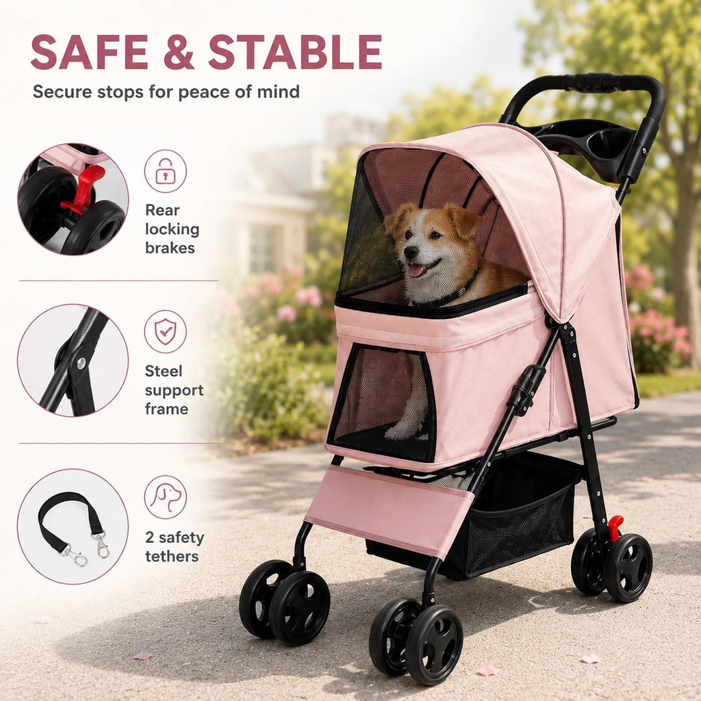 Pink Foldable Pet Stroller for Small Dogs and Cats