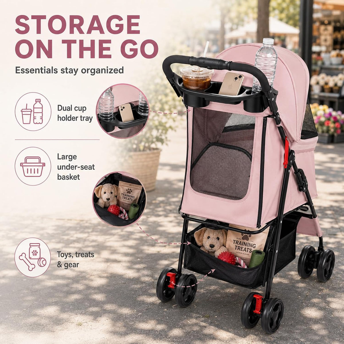Pink Foldable Pet Stroller for Small Dogs and Cats