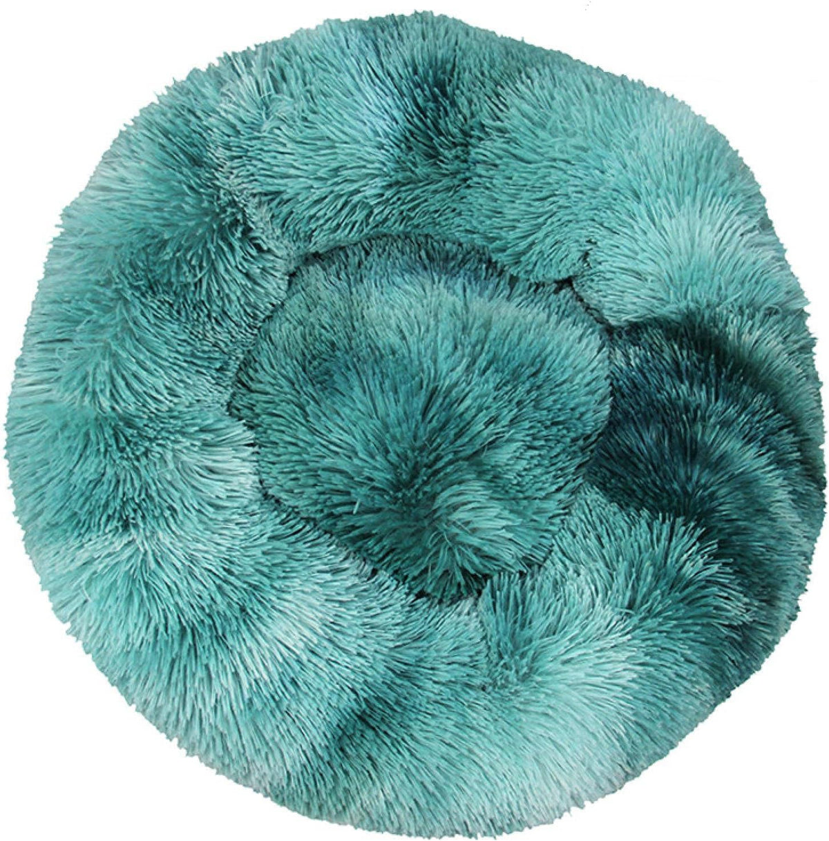 Round teal tie-dye shaggy faux fur donut calming pet bed top-down view on white background