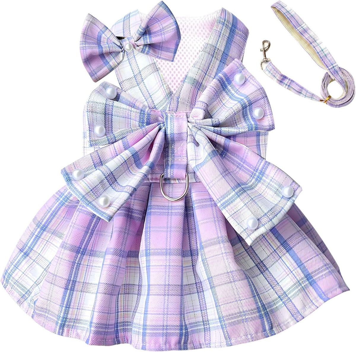 Lavender Plaid Harness Dress & Leash Set for Dogs & Cats