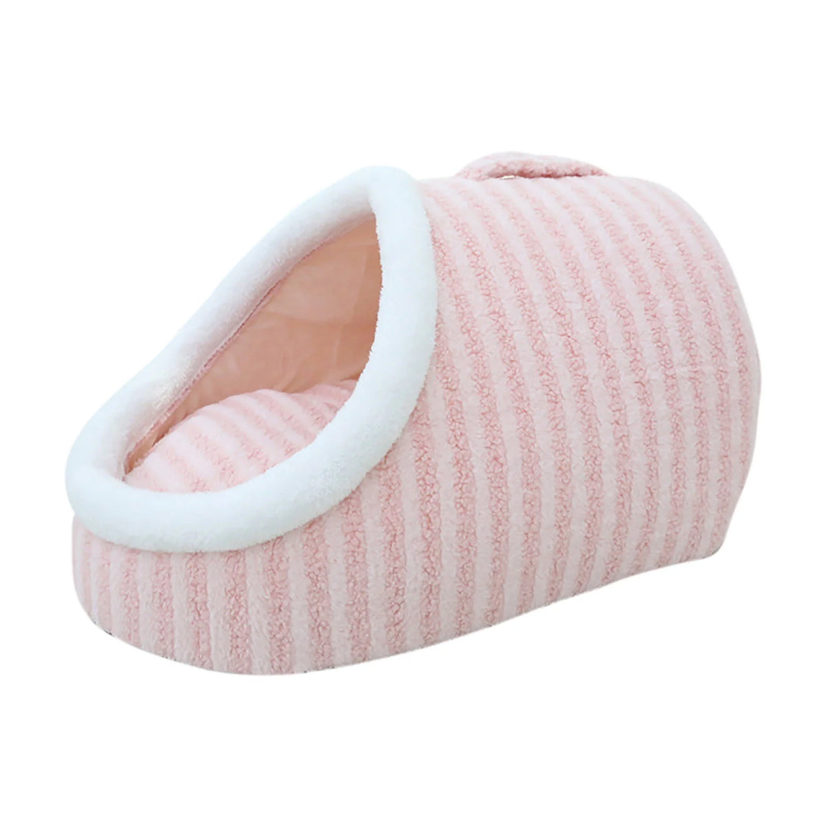 A pink and white striped plush slipper-style pet bed with a white faux-fur trim, shown on a solid white background.