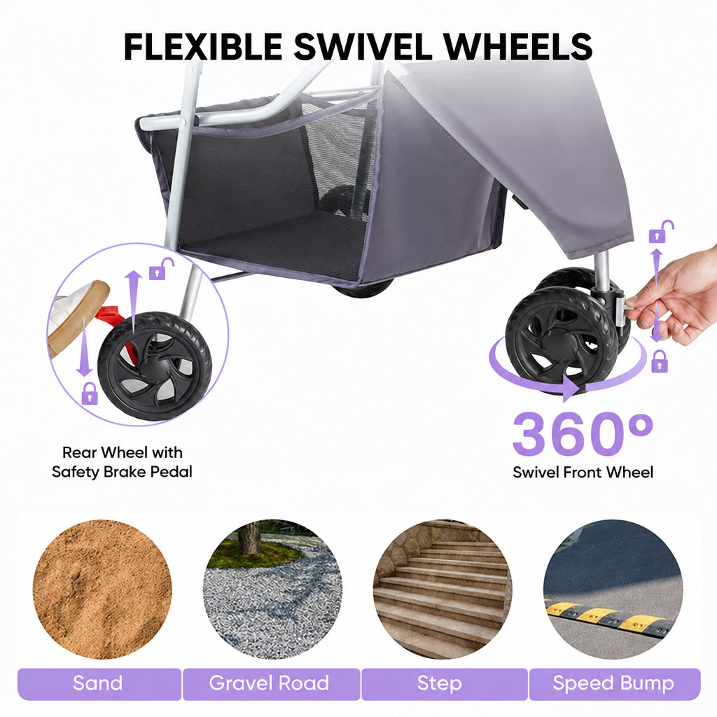 Gray Foldable Pet Stroller for Small Dogs and Cats