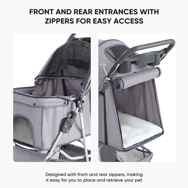 Gray Foldable Pet Stroller for Small Dogs and Cats
