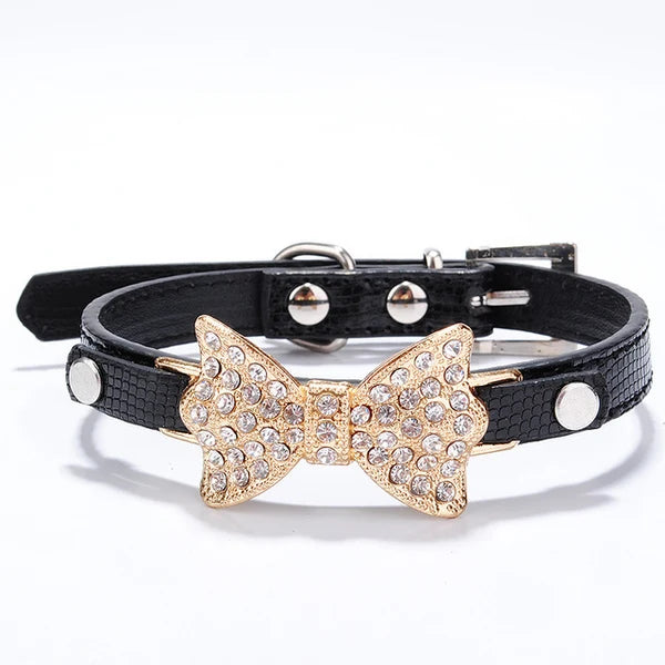 Black Pet Collar with Gold-Tone Rhinestone Bow