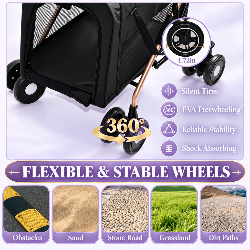 Black Double Pet Stroller with Two Detachable Carriers