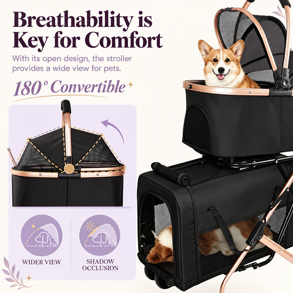 Black Double Pet Stroller with Two Detachable Carriers