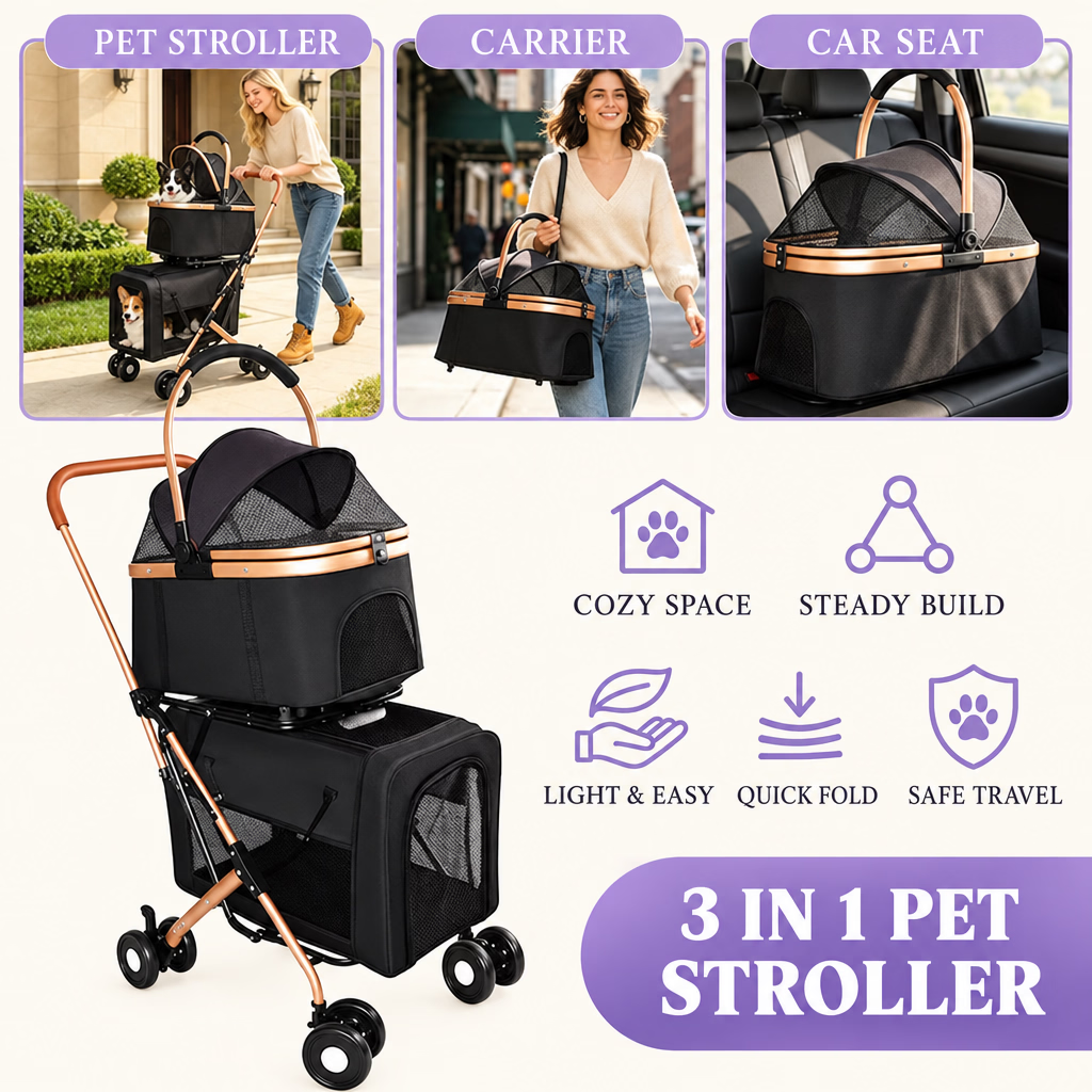 Black Double Pet Stroller with Two Detachable Carriers